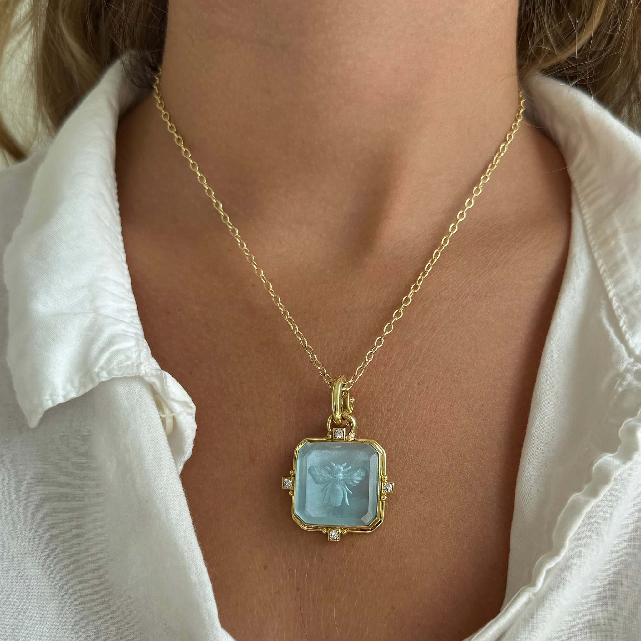 Mazza Blue Topaz Bee Intaglio & Diamond 14K Gold Pendant