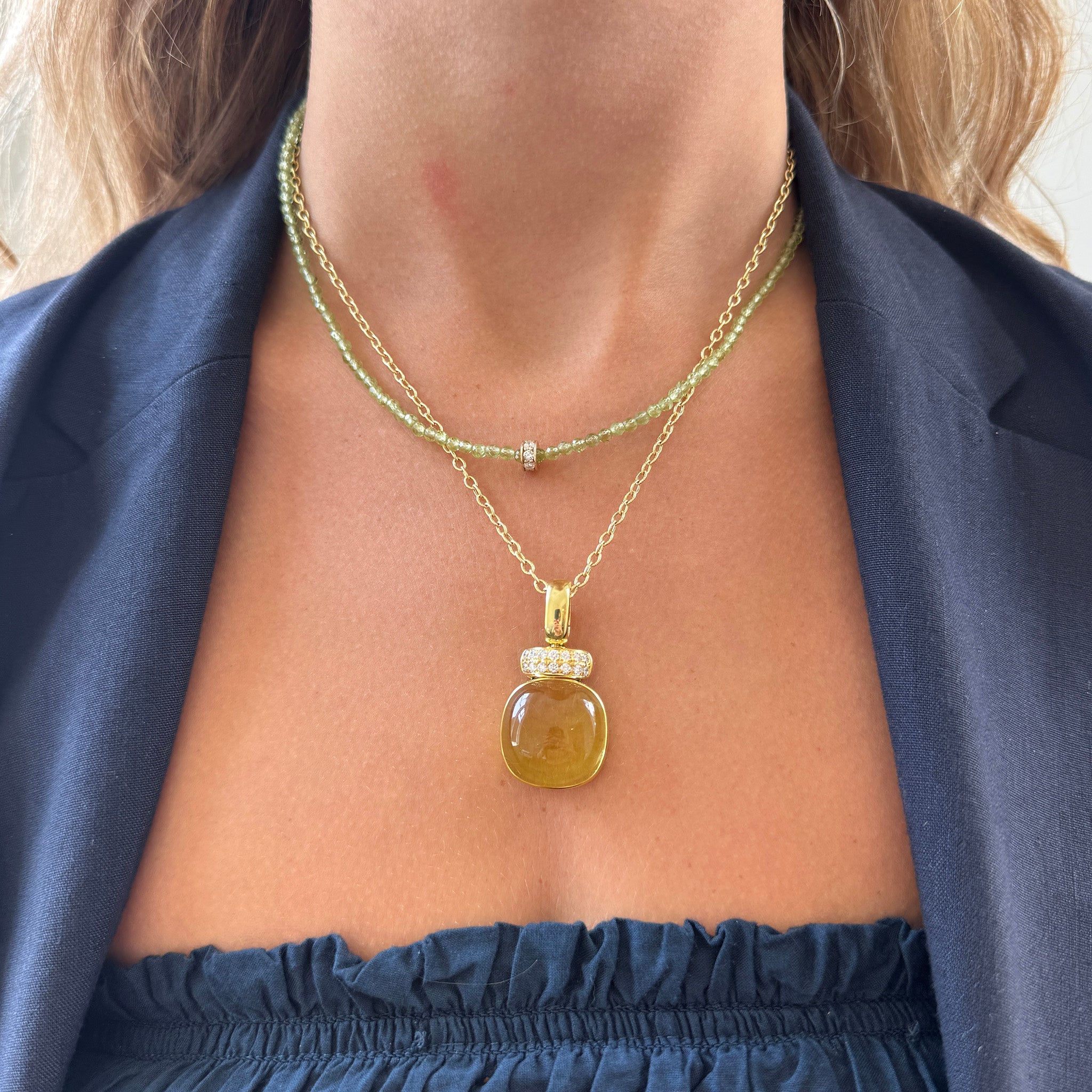 Diamond Rondel & Faceted Peridot Beaded Necklace 17″, Mazza Lemon Citrine Cabochon & Diamond 14K Gold Pendant
