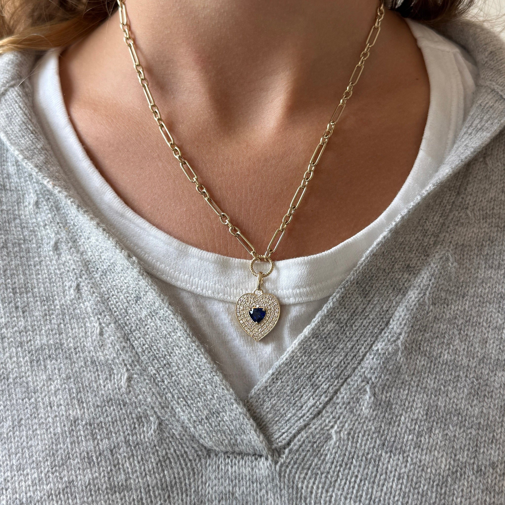 1ct Sapphire & Pavé Diamond 14K Yellow Gold Heart Pendant Necklace