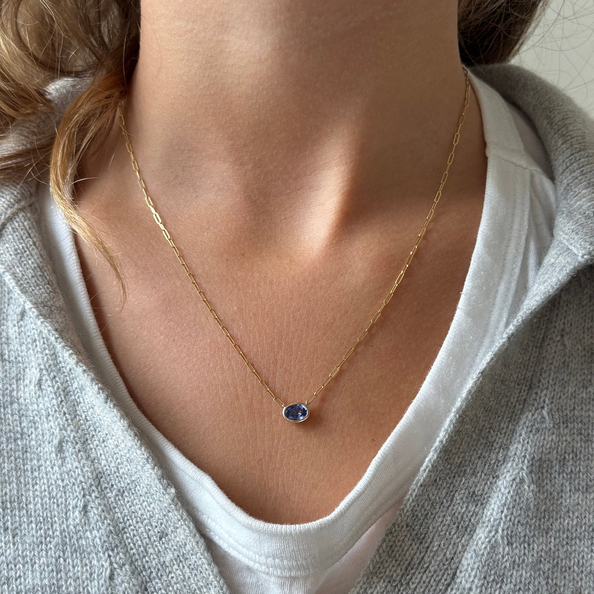 1ct Oval Sapphire Bezel Set 14K Yellow Gold Necklace