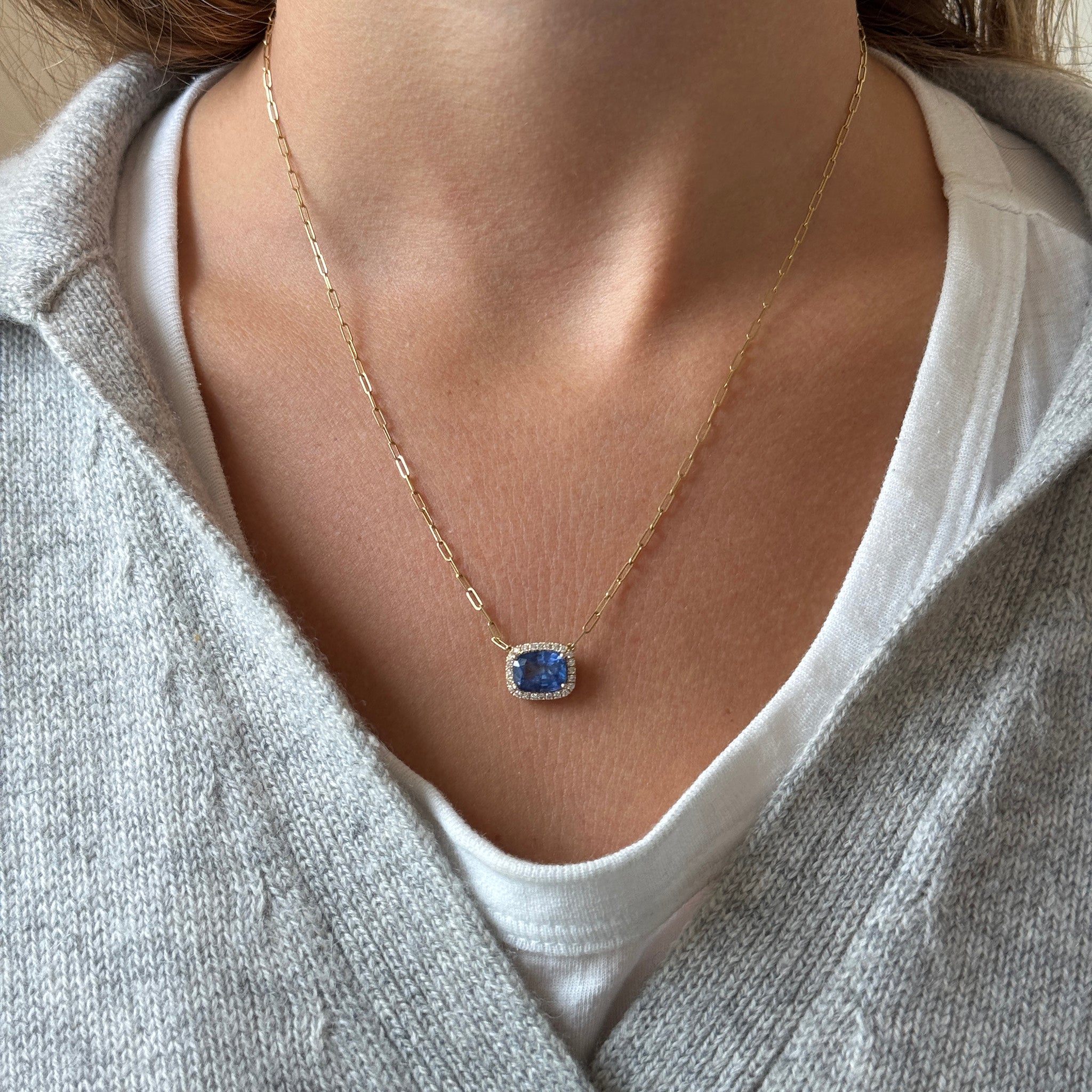 2.60ctw Cushion Sapphire & Diamond Halo 18K Yellow Gold Necklace