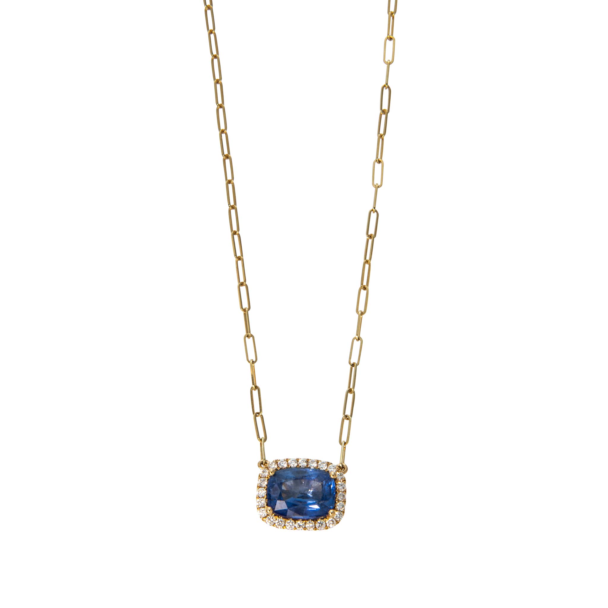 2.60ctw Cushion Sapphire & Diamond Halo 18K Yellow Gold Necklace