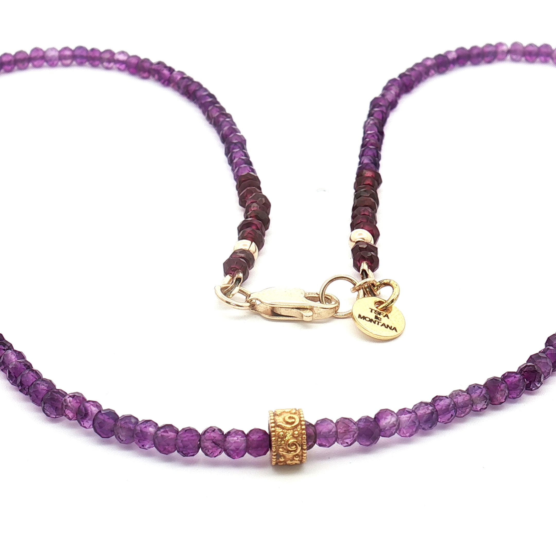 Faceted Amethyst & Garnet Beaded Necklace 16″