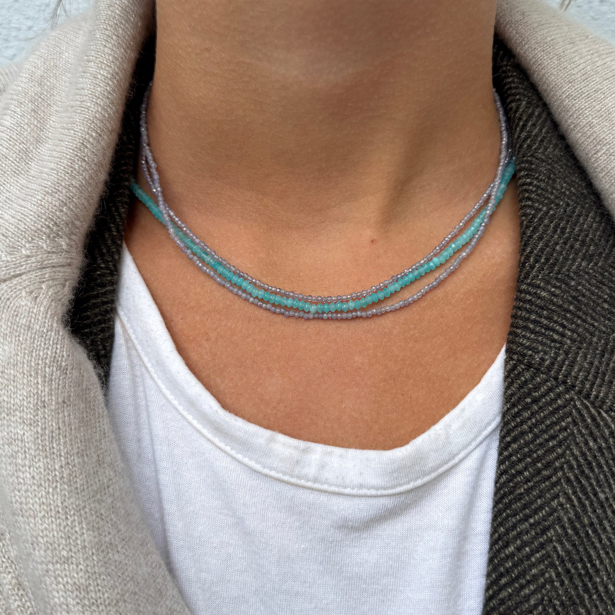 Diamond Bezel & Faceted Chalcedony Beaded Necklace 16.5″, Faceted Tanzanite Beaded Double Strand Necklace 16.5″