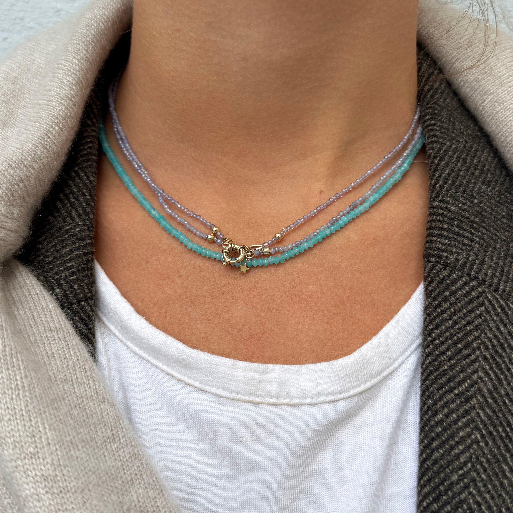 Diamond Bezel & Faceted Chalcedony Beaded Necklace 16.5″, Faceted Tanzanite Beaded Double Strand Necklace 16.5″