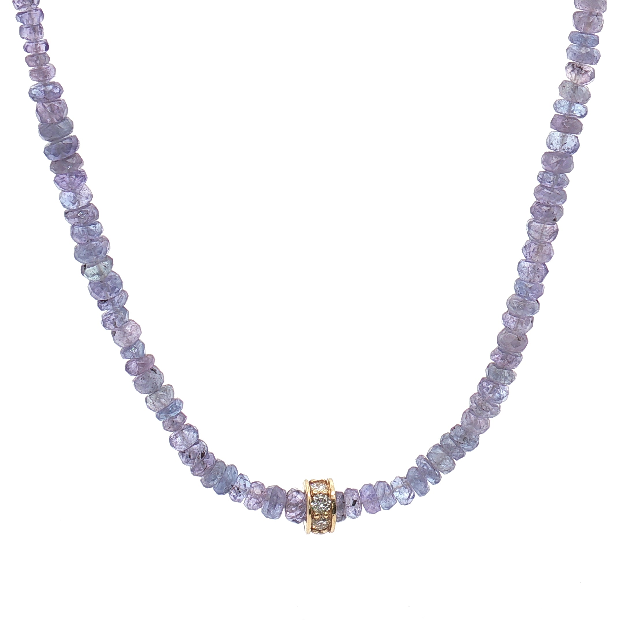 Diamond Rondel & Faceted Tanzanite Beaded Necklace 16″