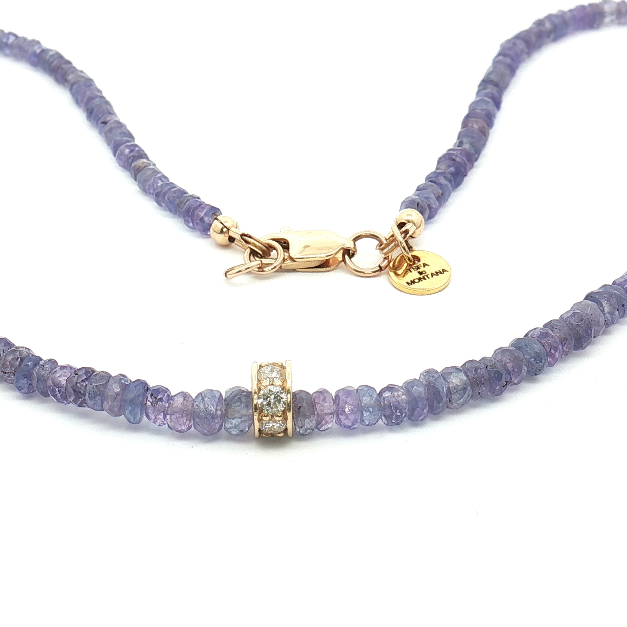 Diamond Rondel & Faceted Tanzanite Beaded Necklace 16″