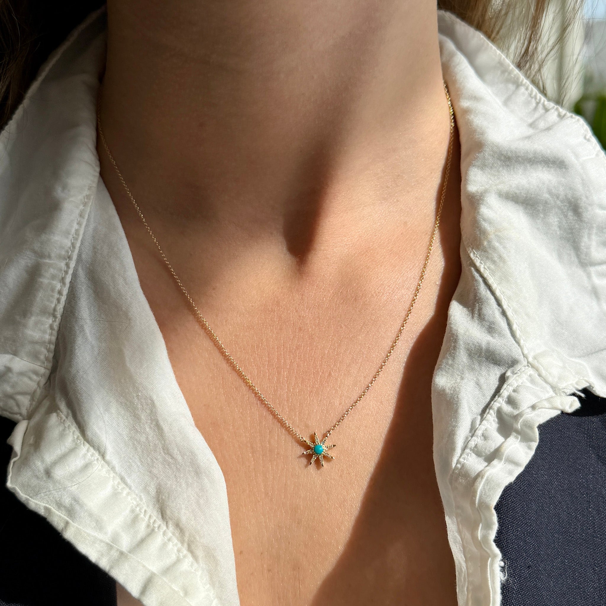 Turquoise & Diamond Starburst 14K Gold Pendant Necklace