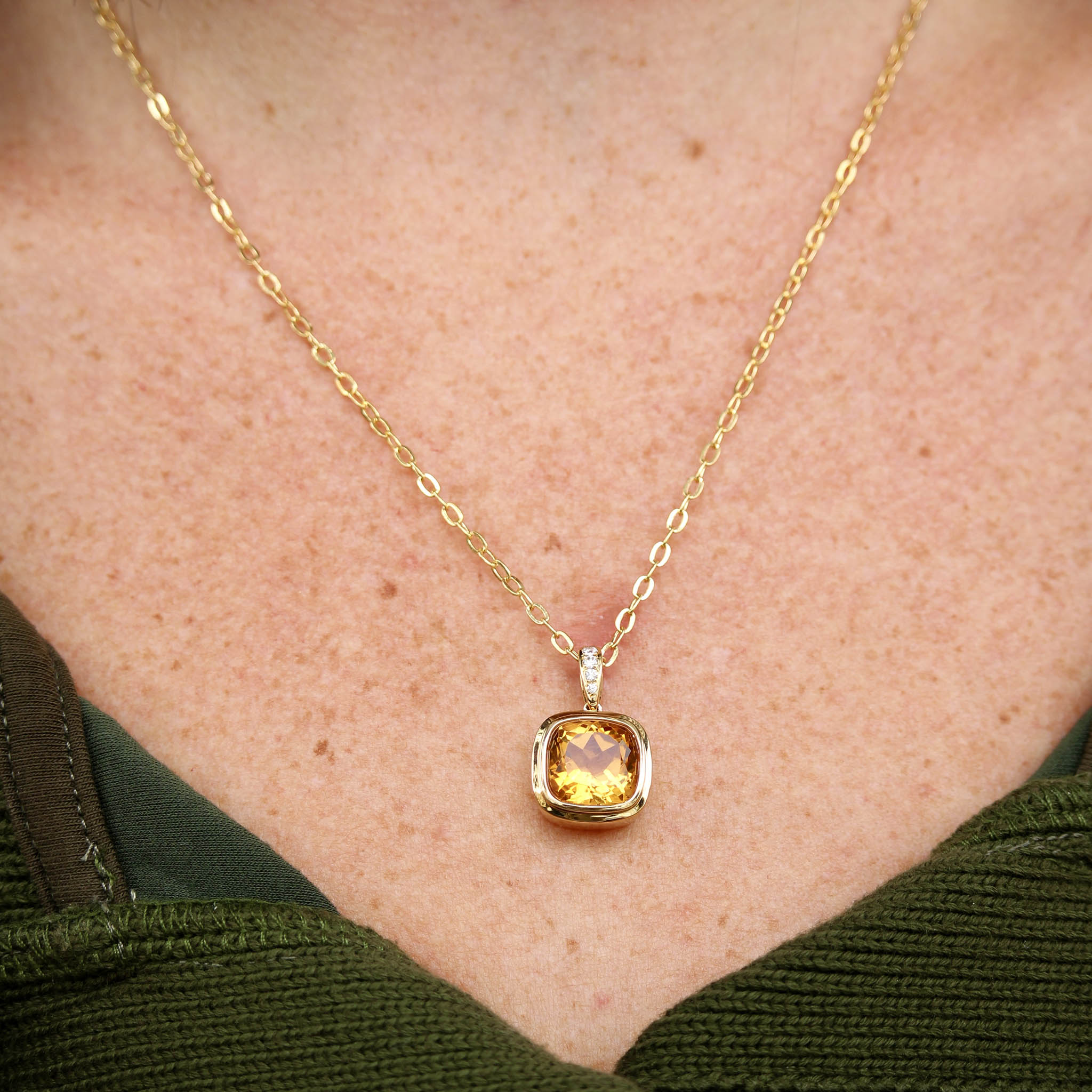 Cushion Citrine & Diamond 18K Yellow Gold Pendant Necklace