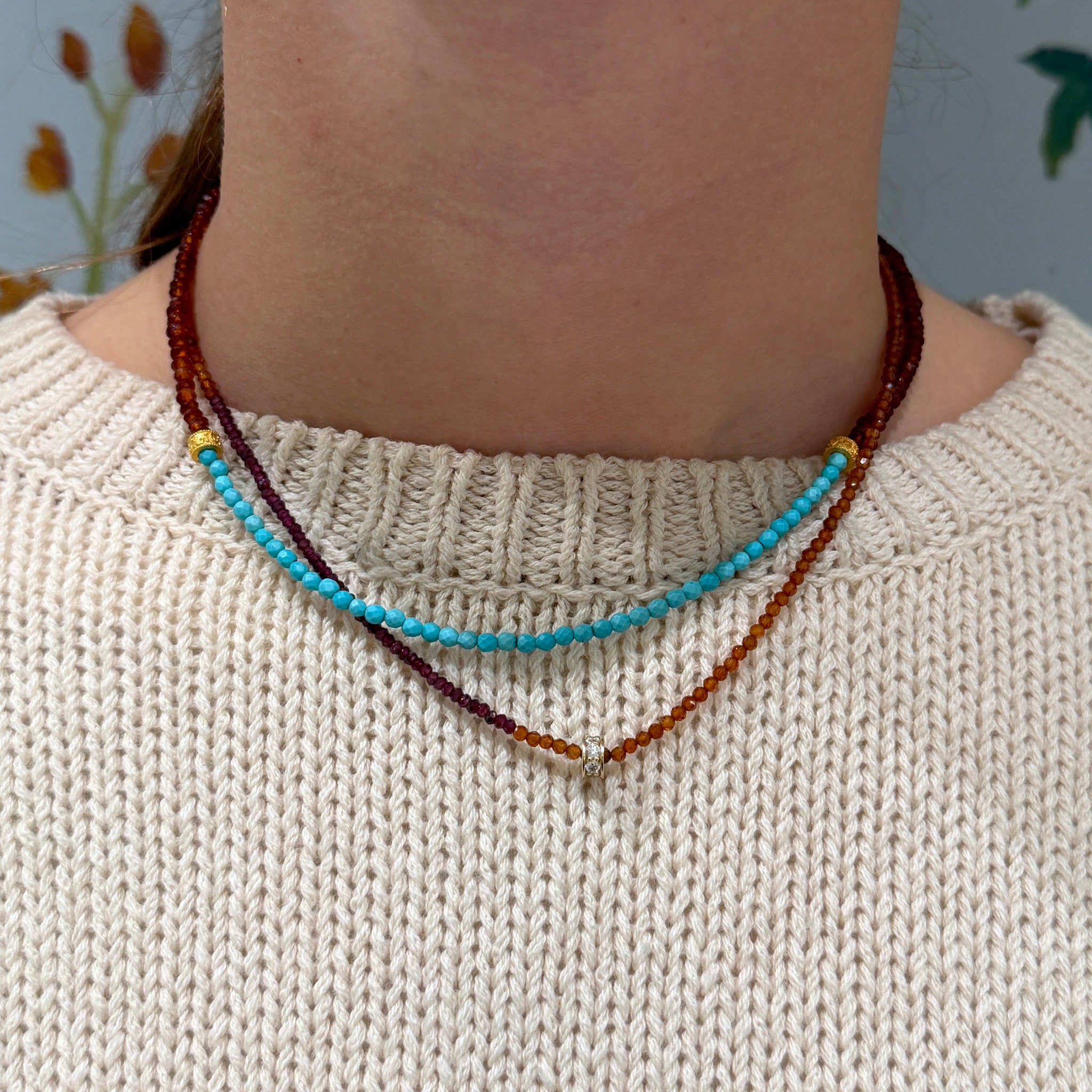 Tippy Stern Rondelle, Faceted Garnet & Turquoise Beaded Necklace 17", Diamond Rondelle, Faceted Garnet & Rhodolite Beaded Necklace 17"