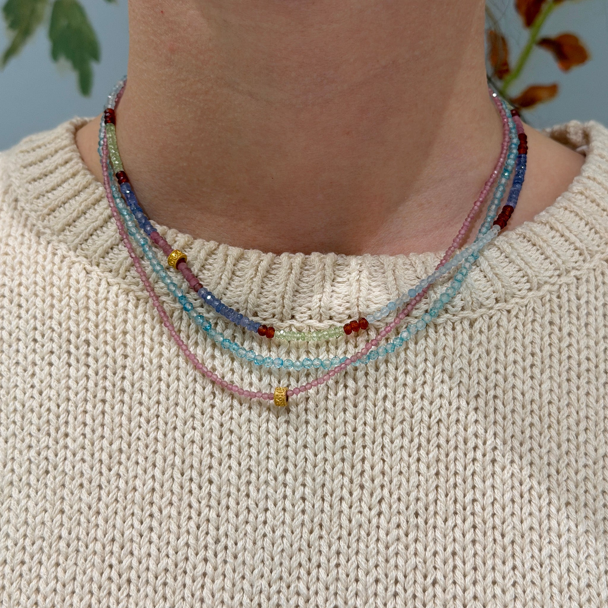 Tippy Stern Rondelle & Faceted Multi-Stone Beaded Necklace 16.5", Faceted Blue Topaz Beaded Necklace 17", Rondelle & Faceted Pink Tourmaline Beaded Necklace 17"