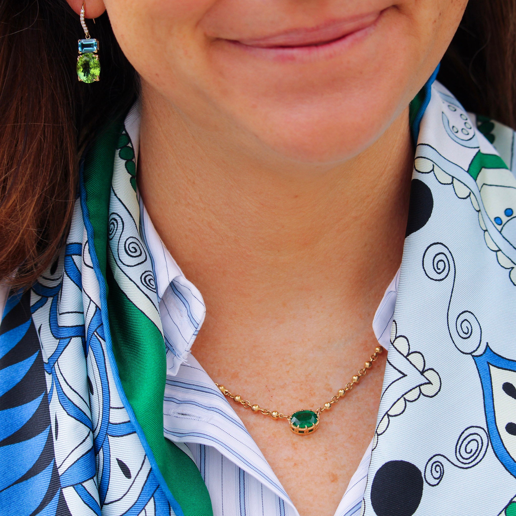 Green Tourmaline & Blue Topaz 14K Gold River Earrings, Single Stone Emerald Angelina Necklace