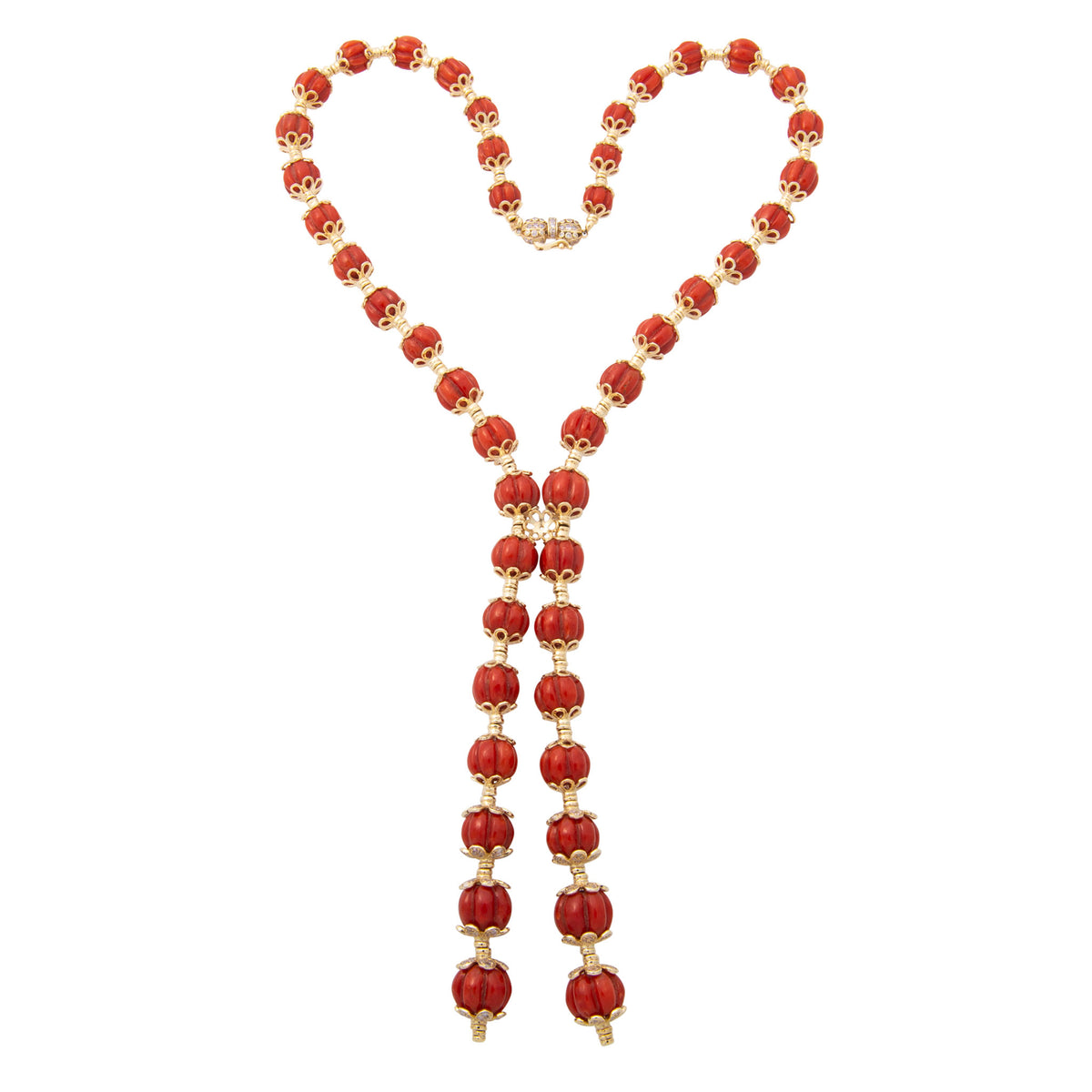 Carved Coral & Diamond 14K Gold Lariat Necklace