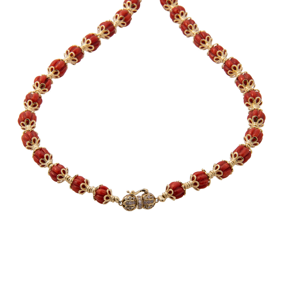 Carved Coral & Diamond 14K Gold Lariat Necklace