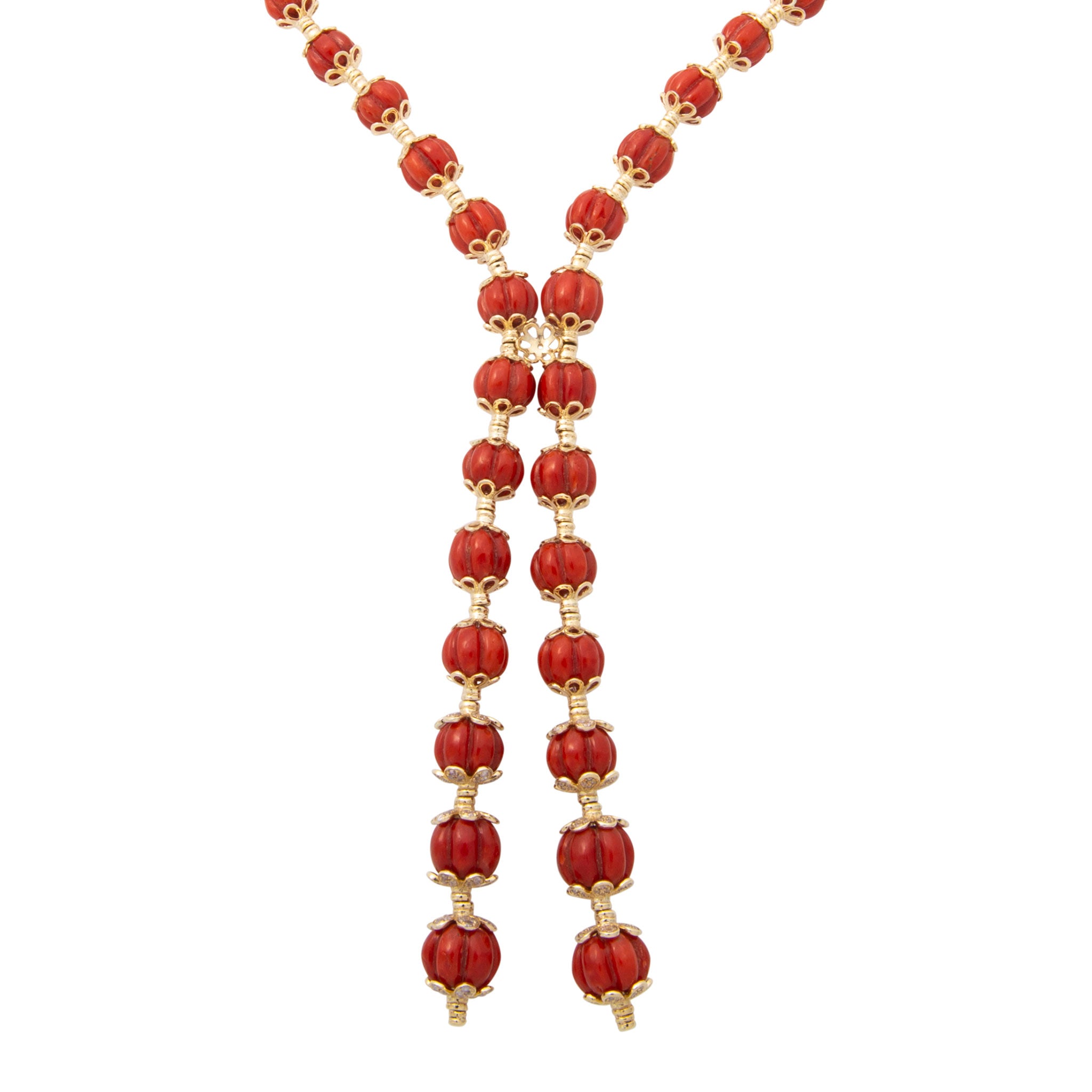 Carved Coral & Diamond 14K Gold Lariat Necklace