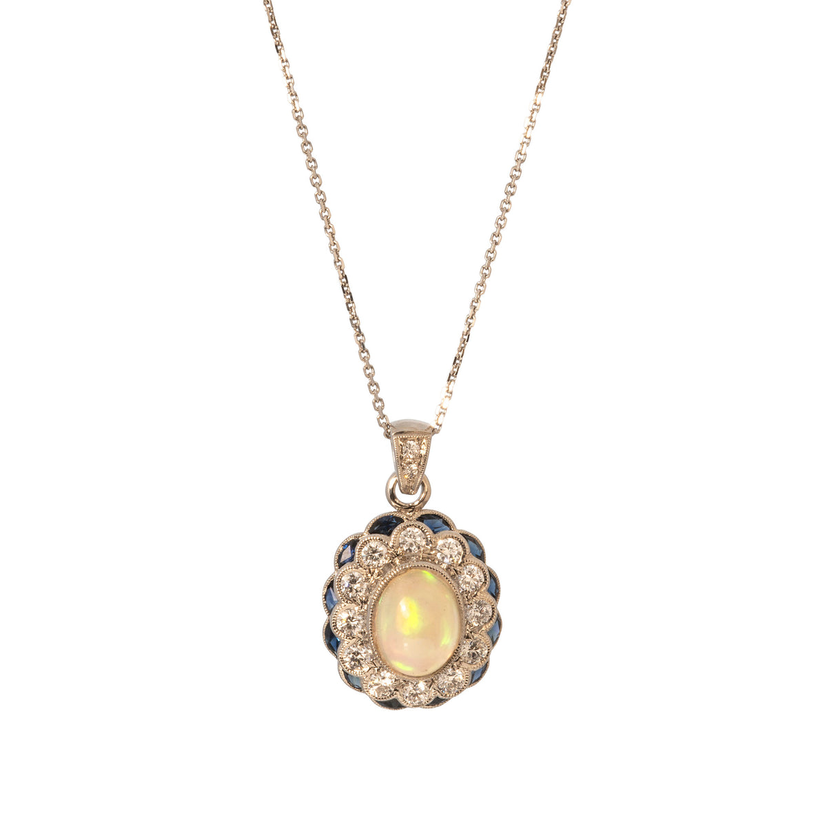 Opal, Sapphire & Diamond 14K White Gold Pendant Necklace