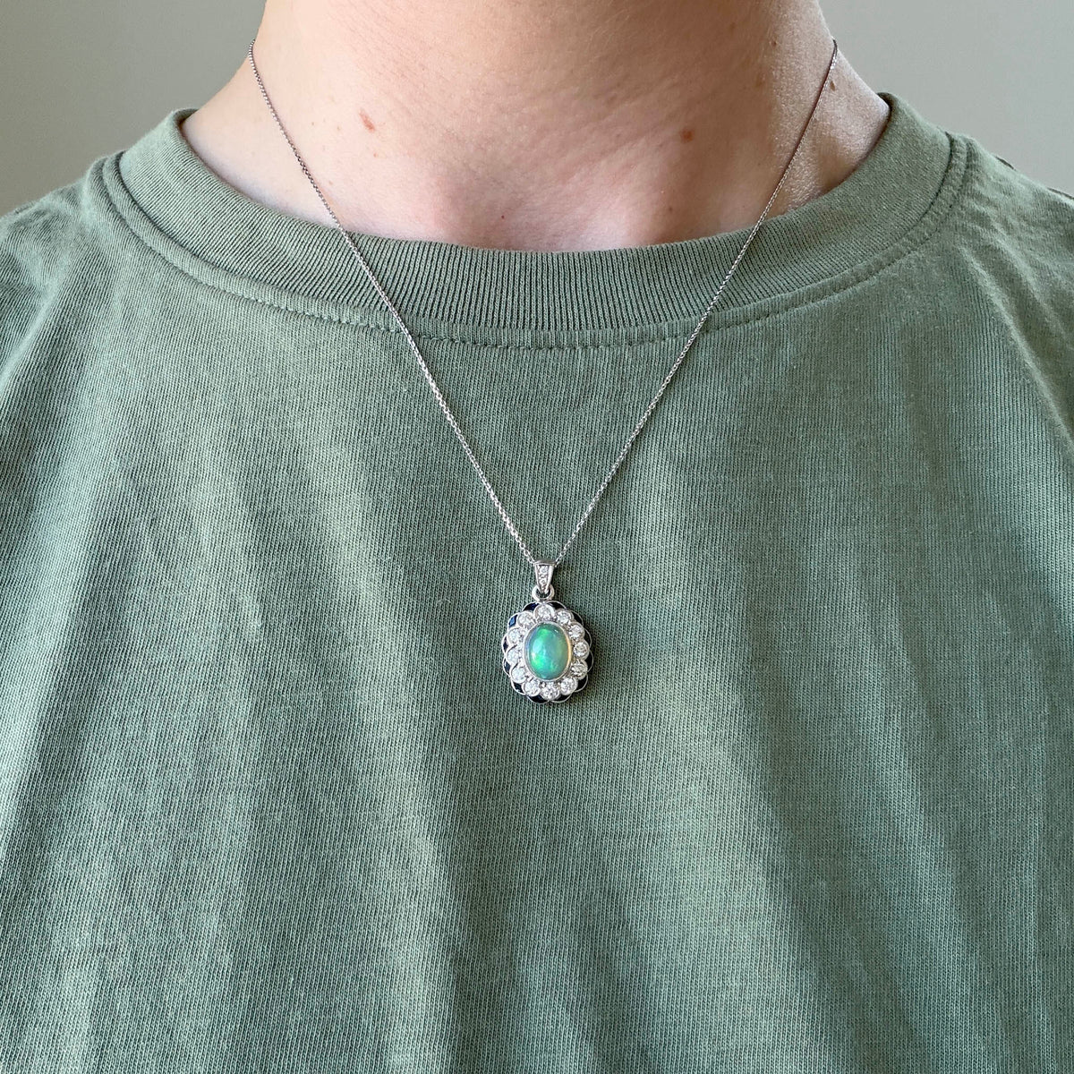 Opal, Sapphire & Diamond 14K White Gold Pendant Necklace