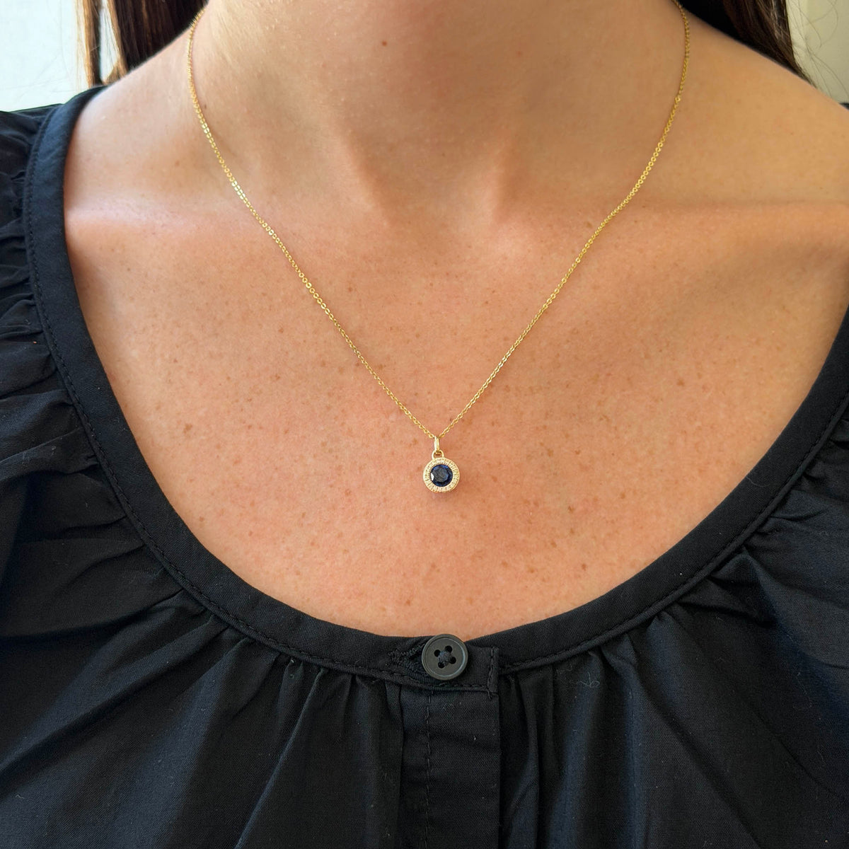 Blue Sapphire* & Diamond Halo 14K Yellow Gold Pendant Necklace