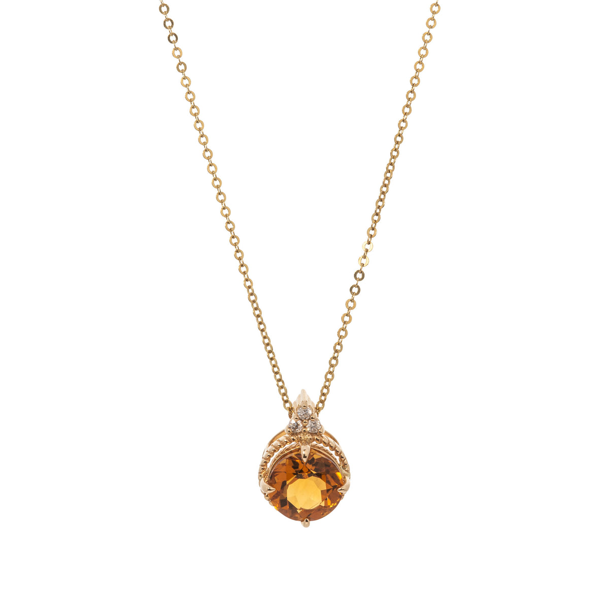 Round citrine pendant with a trio of diamonds and twisted rope accents in 14K yellow gold on a cable chain, shown on a white background.