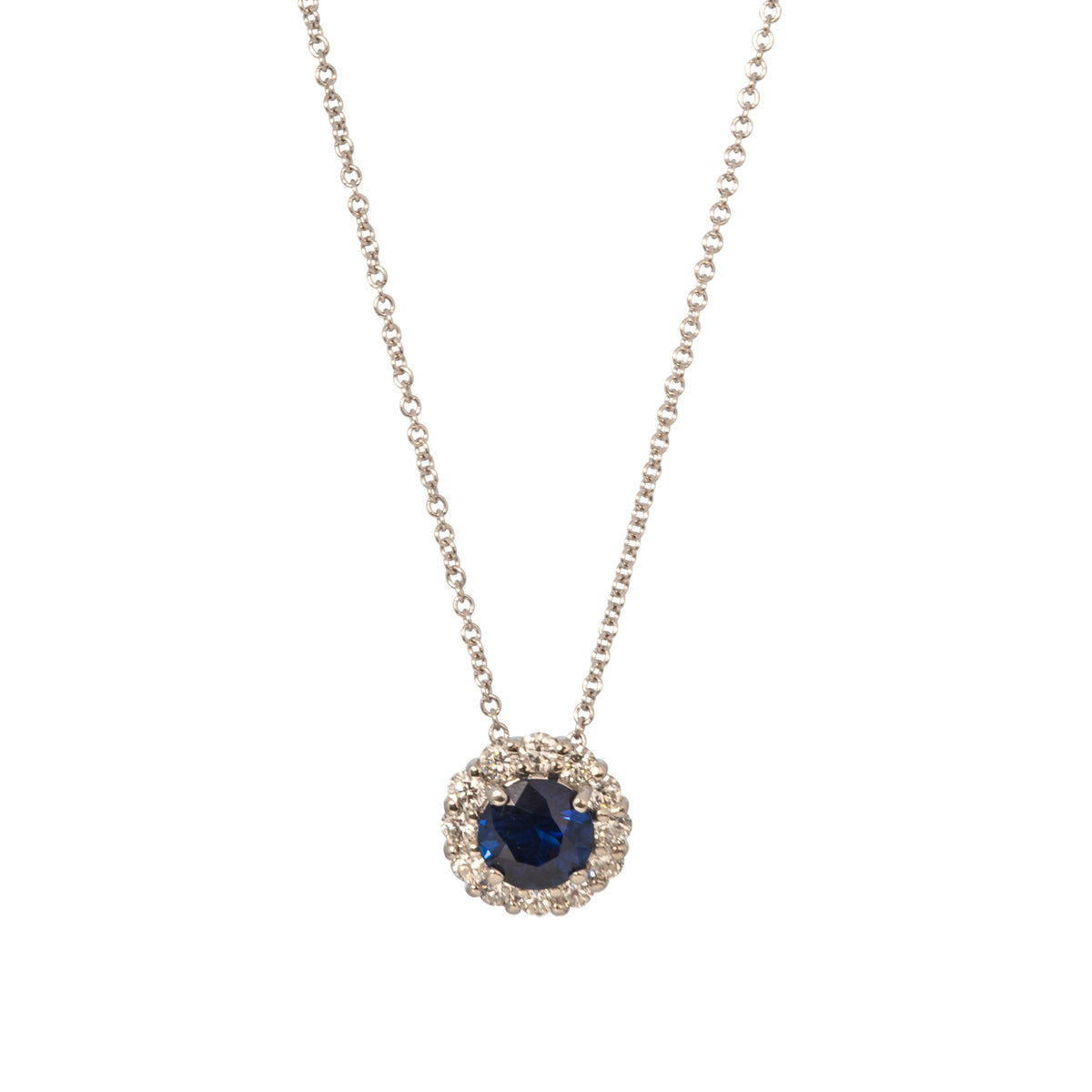 1.17ct Round Sapphire & Diamond Halo Pendant Necklace