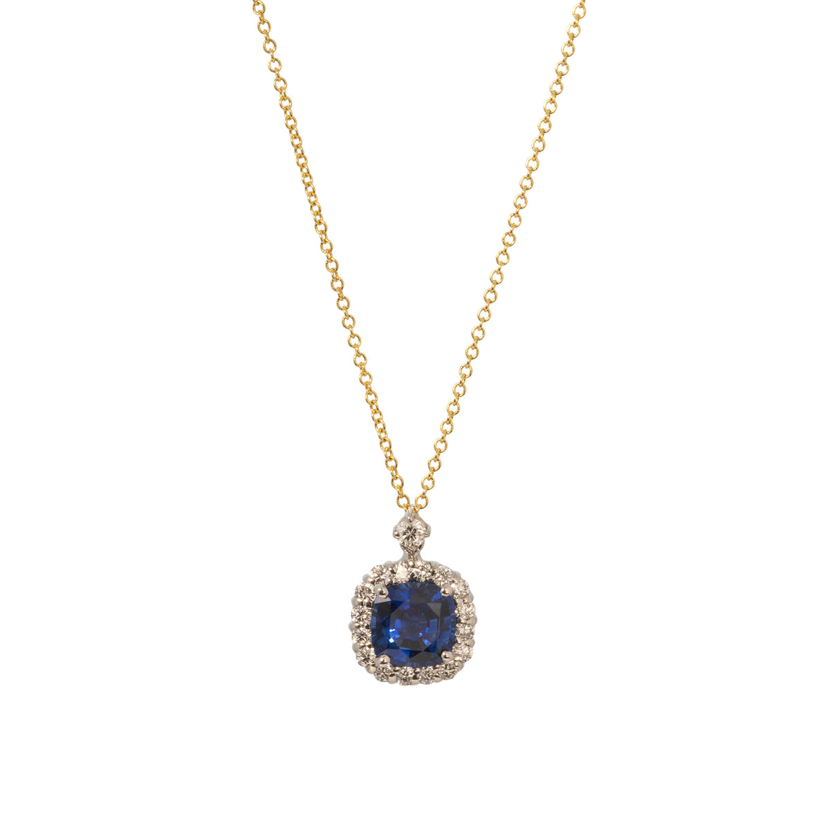 1.28ctw Cushion Sapphire & Diamond Halo 18K Gold Necklace