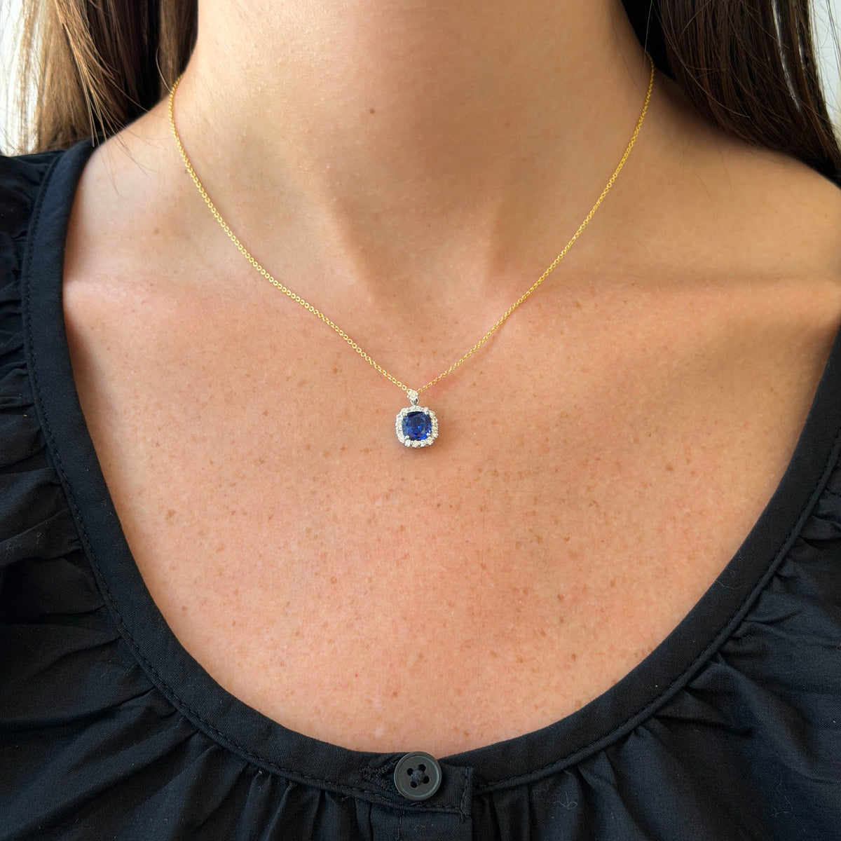 1.28ctw Cushion Sapphire & Diamond Halo 18K Gold Necklace