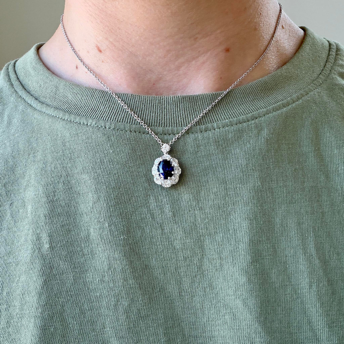 2.60ct Oval Sapphire & Diamond Halo Pendant Necklace