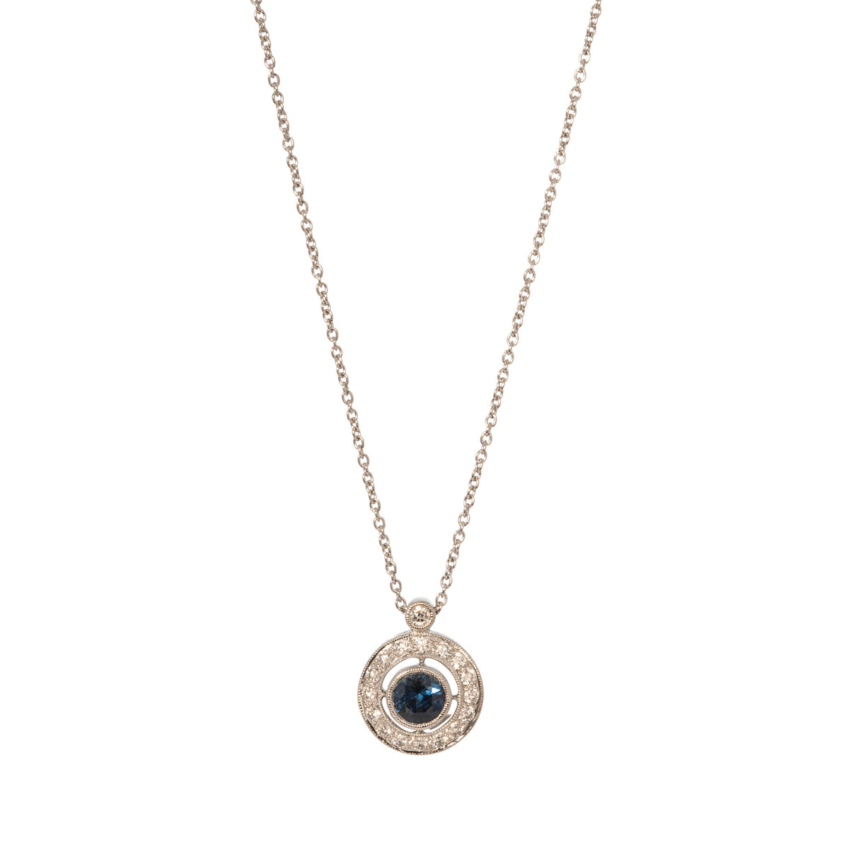 Blue Sapphire & Diamond Halo 14K White Gold Pendant Necklace