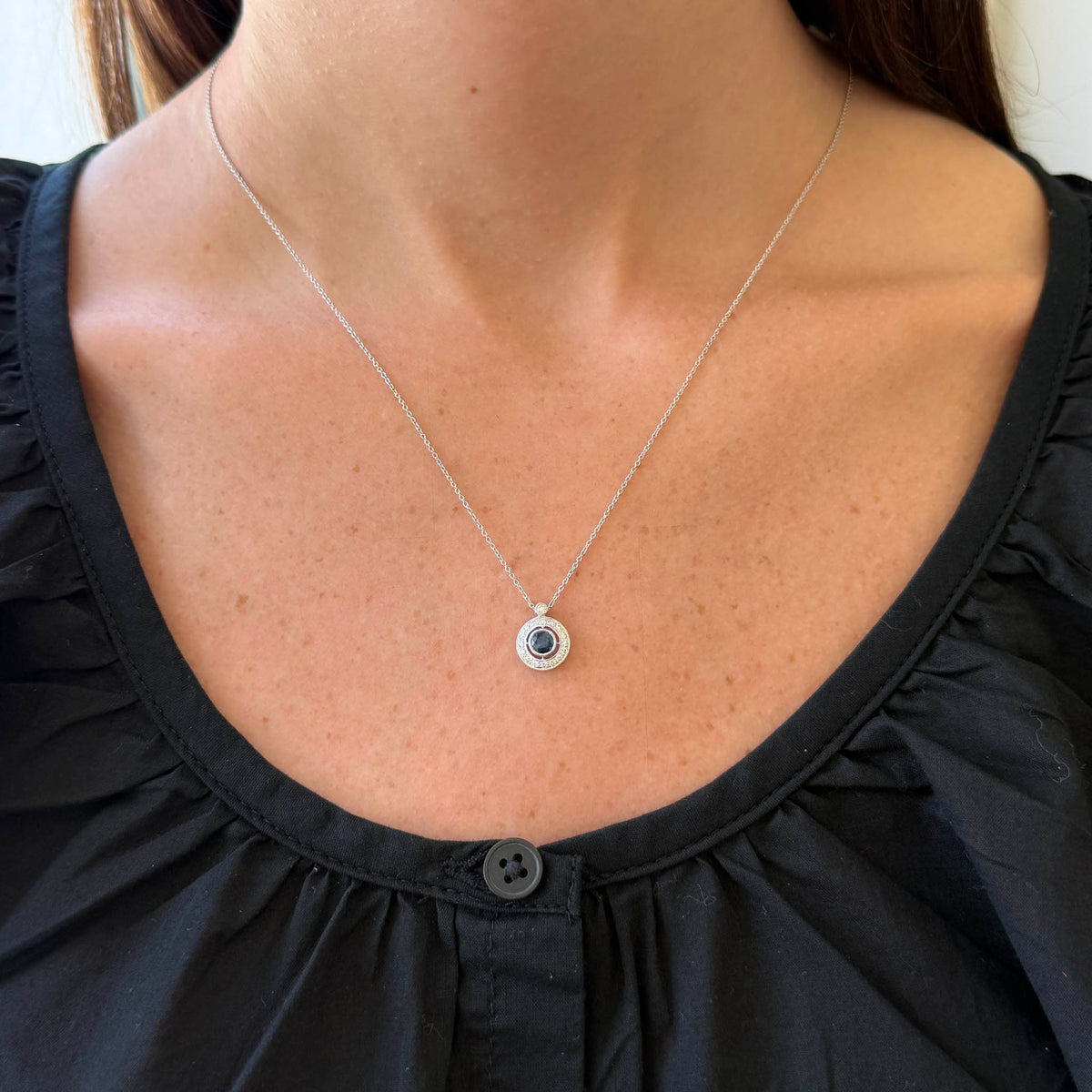 Blue Sapphire & Diamond Halo 14K White Gold Pendant Necklace