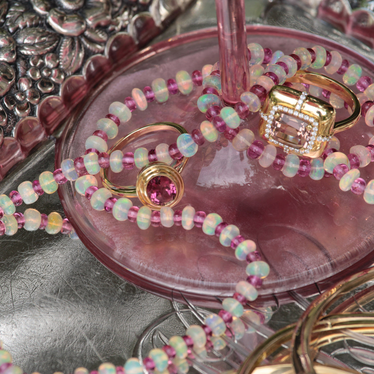 Pink Tourmaline 14K Yellow Gold Double Bezel Ring, Goshwara Cushion Pink Tourmaline & Diamond 18K Gold Ring, Goshwara Opal & Rubellite Bead 18K Gold Necklace 20"