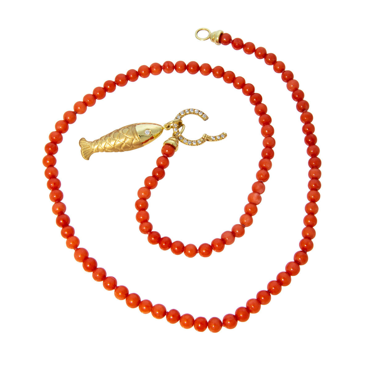Mazza Coral Bead & Diamond Pavé 14K Gold Circle Clasp Necklace 17.5", Mazza Diamond 14K Gold Skinny Fish Pendant