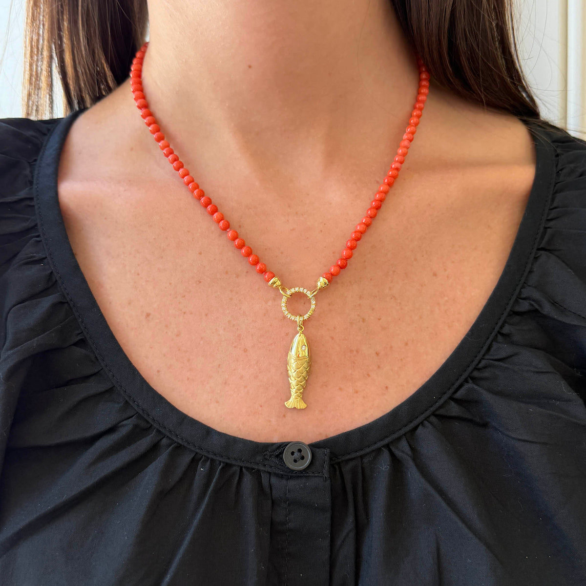 Mazza Coral Bead & Diamond Pavé 14K Gold Circle Clasp Necklace 17.5", Mazza Diamond 14K Gold Skinny Fish Pendant
