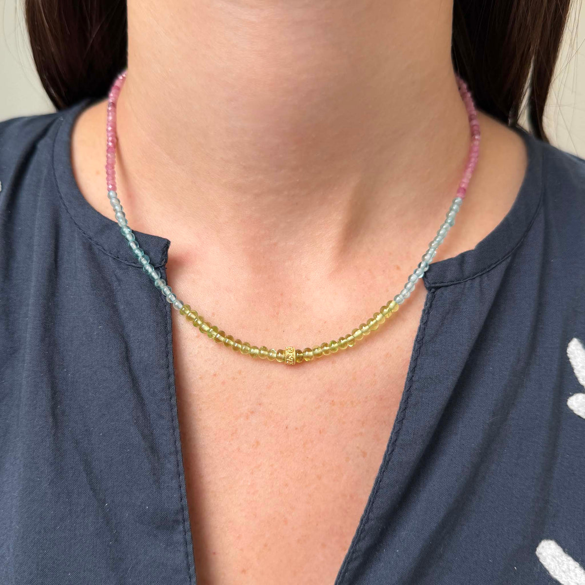 Model wearing a Tippy Stern Rainbow Row beaded necklace with green beads at the front, light blue and pink beads along the sides, and a yellow gold rondelle.