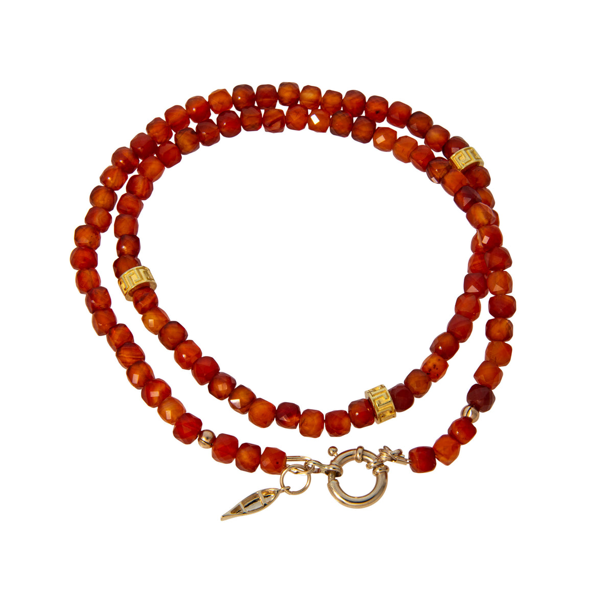 Tippy Stern faceted carnelian beaded necklace with three yellow gold Greek key rondelles and a canoe charm.