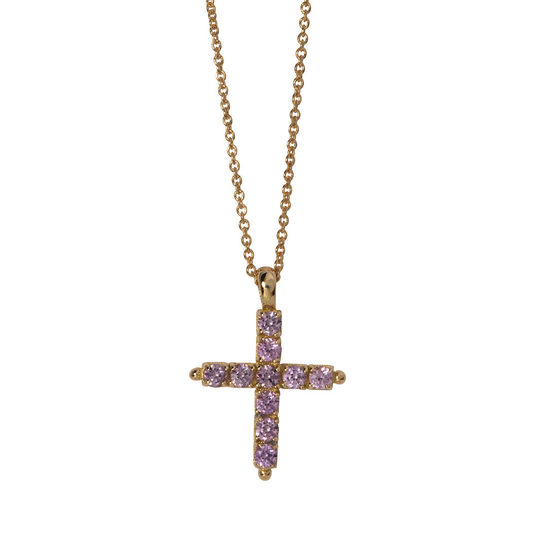 Pink Sapphire Cross 18K Gold Pendant Necklace