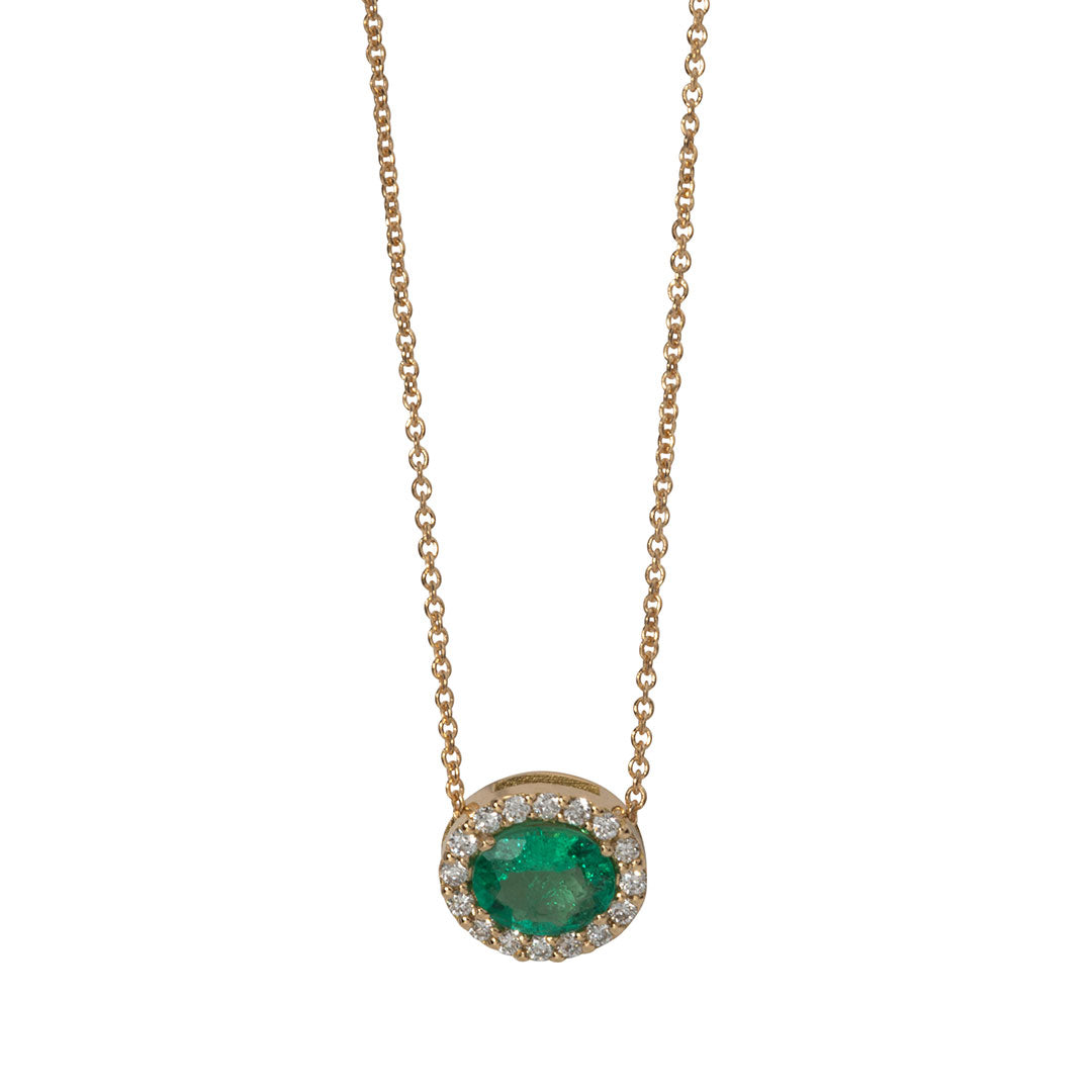 Oval Emerald & Diamond Pavé Halo 18K Gold Necklace