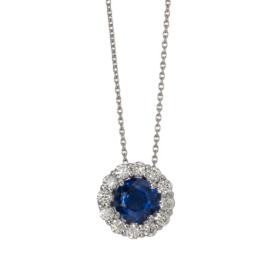 1.4ct Sapphire & Diamond Halo 18K White Gold Pendant Necklace