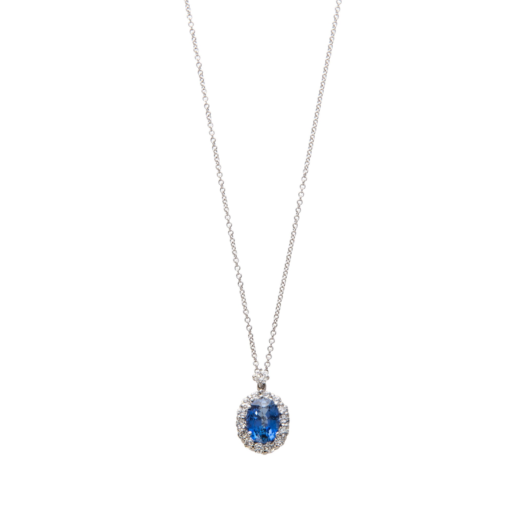 1.7ct Sapphire & Diamond Halo 18K White Gold Pendant Necklace