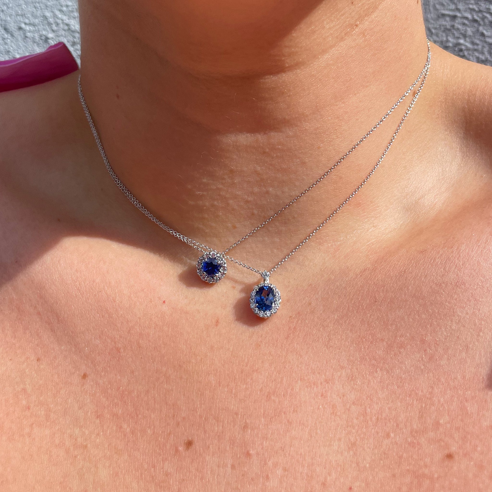 1.36ct Sapphire & Diamond Halo 18K White Gold Pendant Necklace