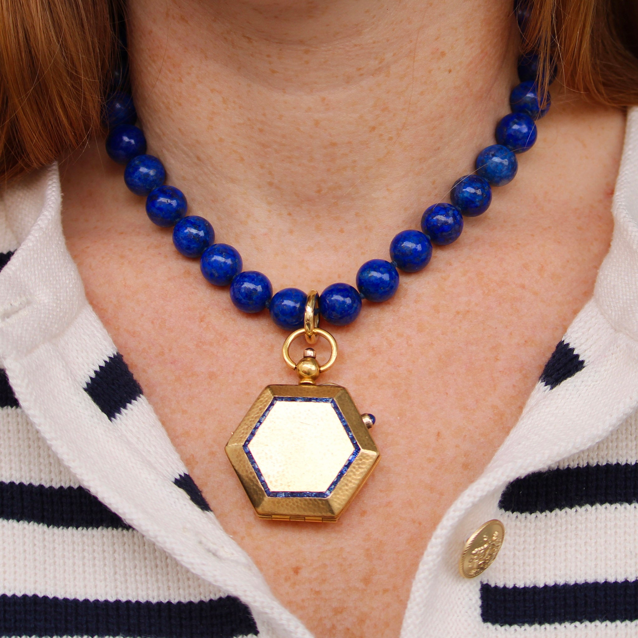 Estate Diamond 14K Gold Ball Clasp & Lapis Bead Necklace