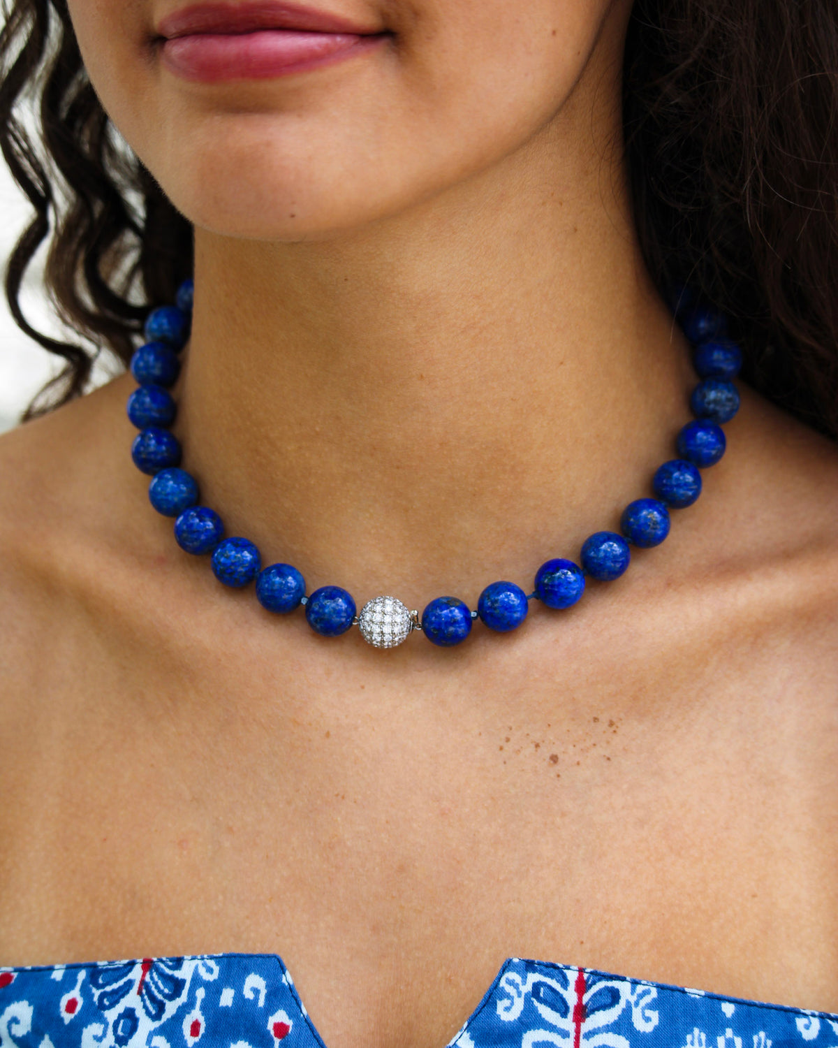 Estate Diamond 14K Gold Ball Clasp & Lapis Bead Necklace