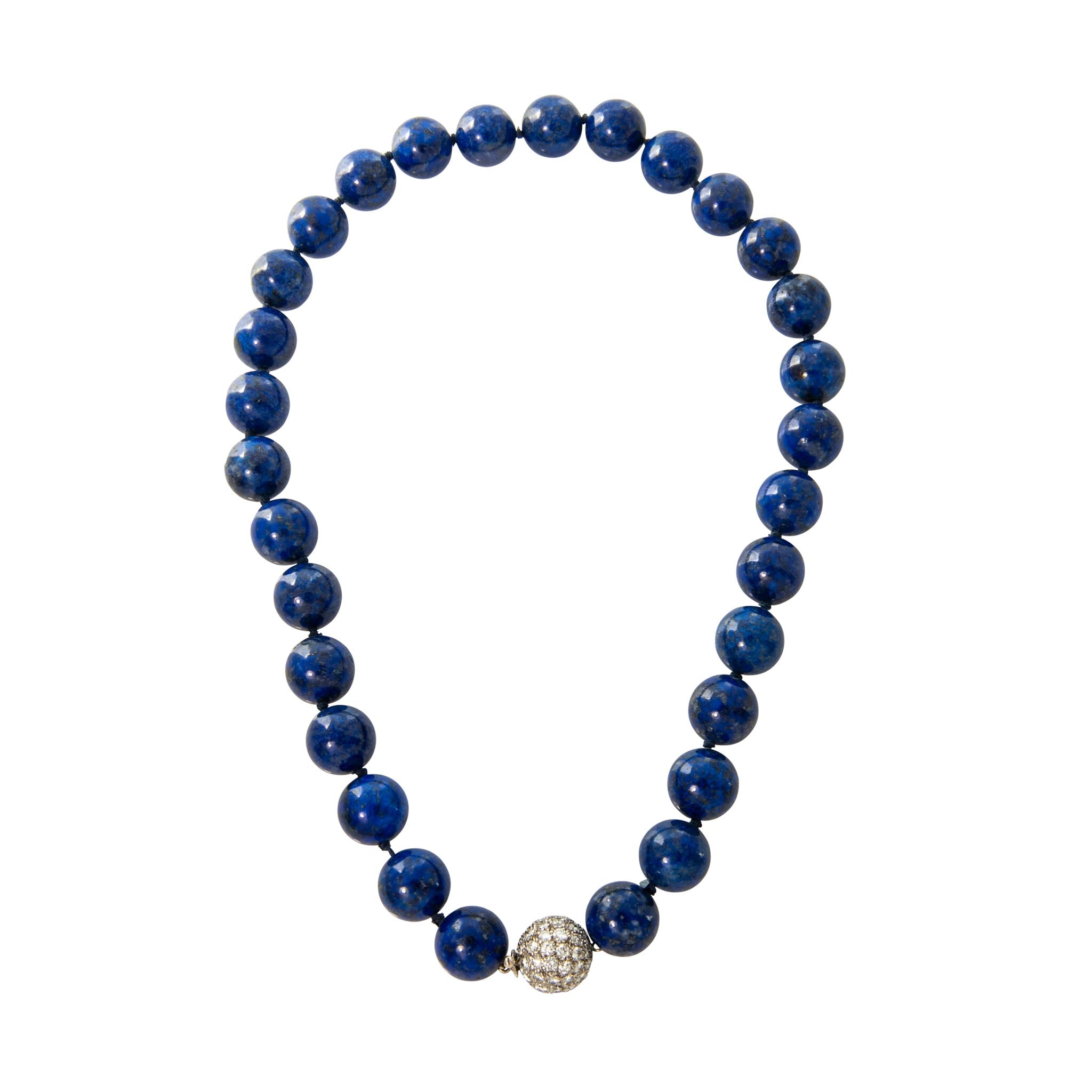 Estate Diamond 14K Gold Ball Clasp & Lapis Bead Necklace