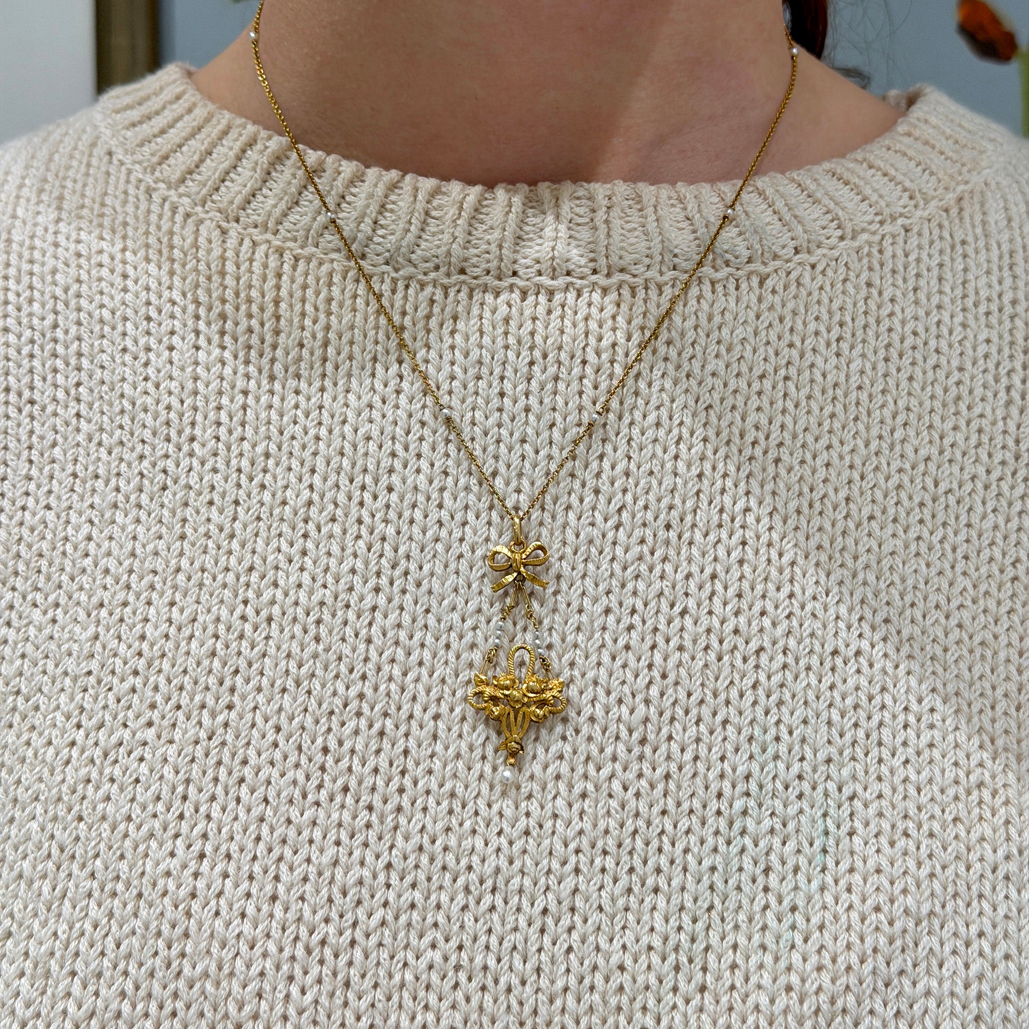 Edwardian Style Pearl Drop 15K Gold Floral Lavalier Necklace