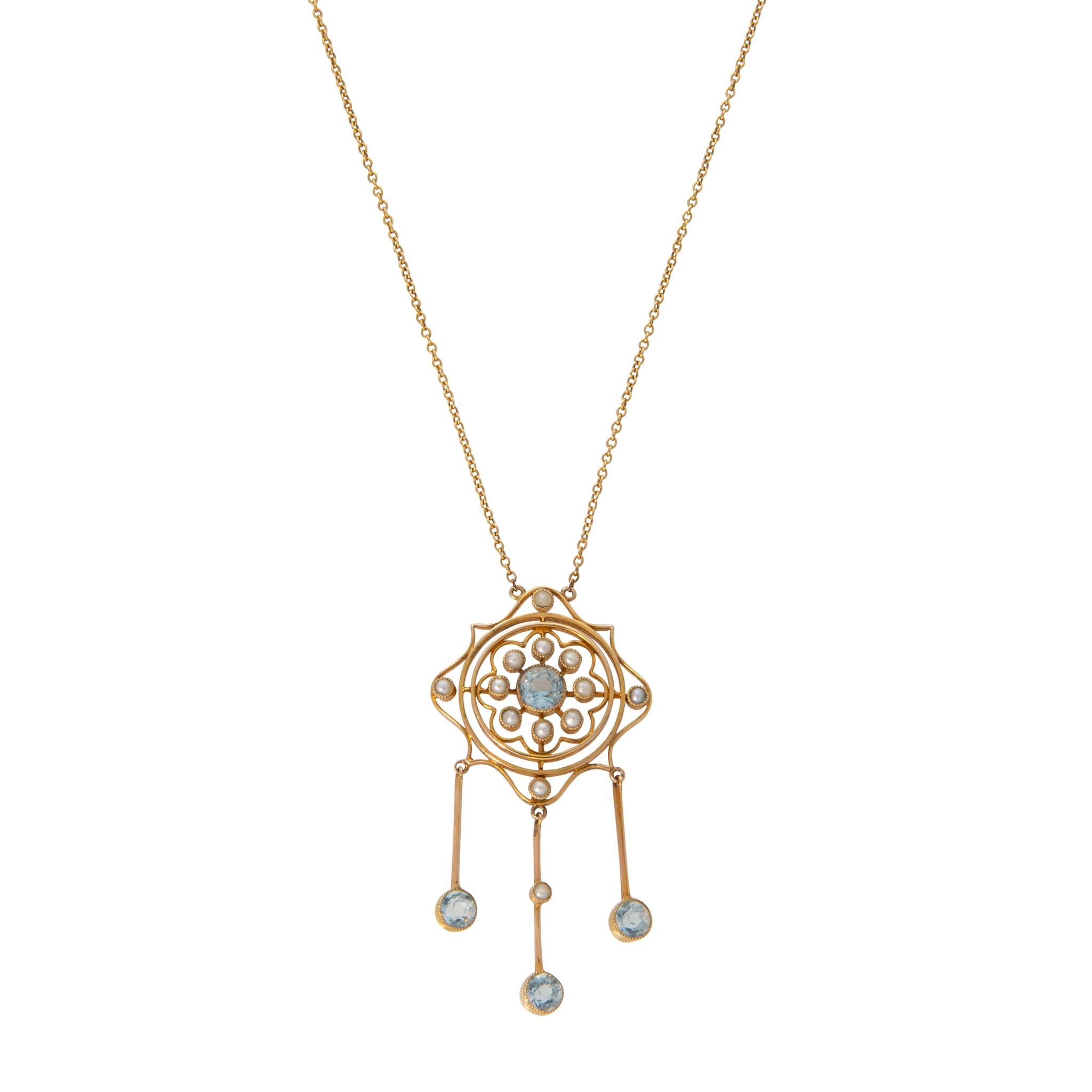 Edwardian Style Aquamarine & Seed Pearl Lavalier Necklace