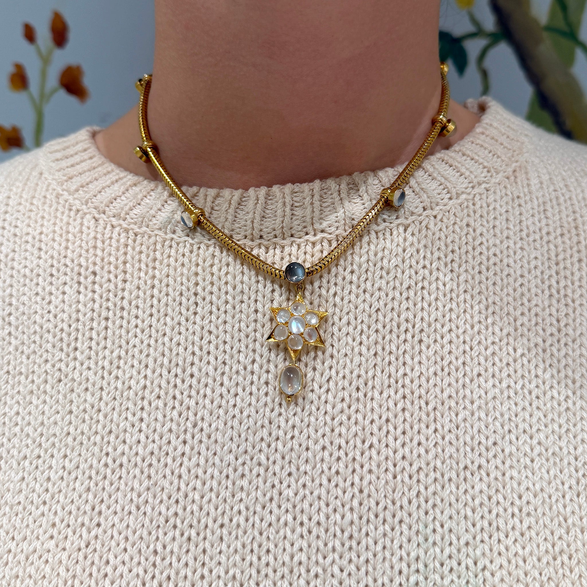 Victorian-Style Blue Sheen Moonstone Cluster Drop 14K Gold Necklace