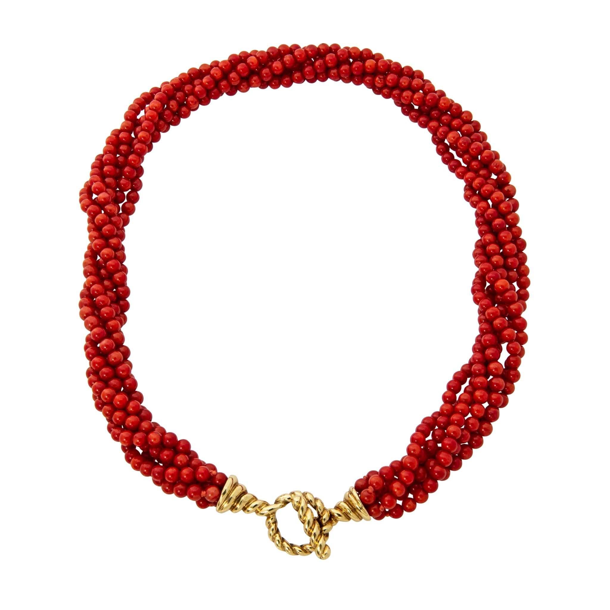 Estate Tiffany & Co Multi-Strand Red Coral 18K Gold Torsade Necklace 16"