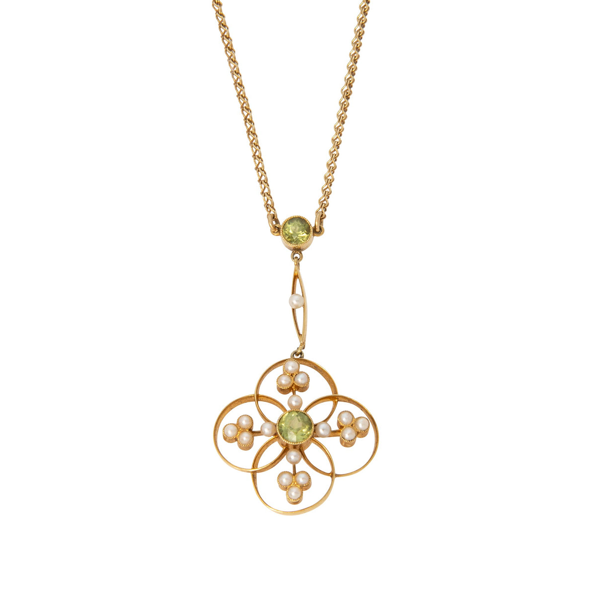 Edwardian Style Peridot & Pearl Drop 15K Gold Necklace
