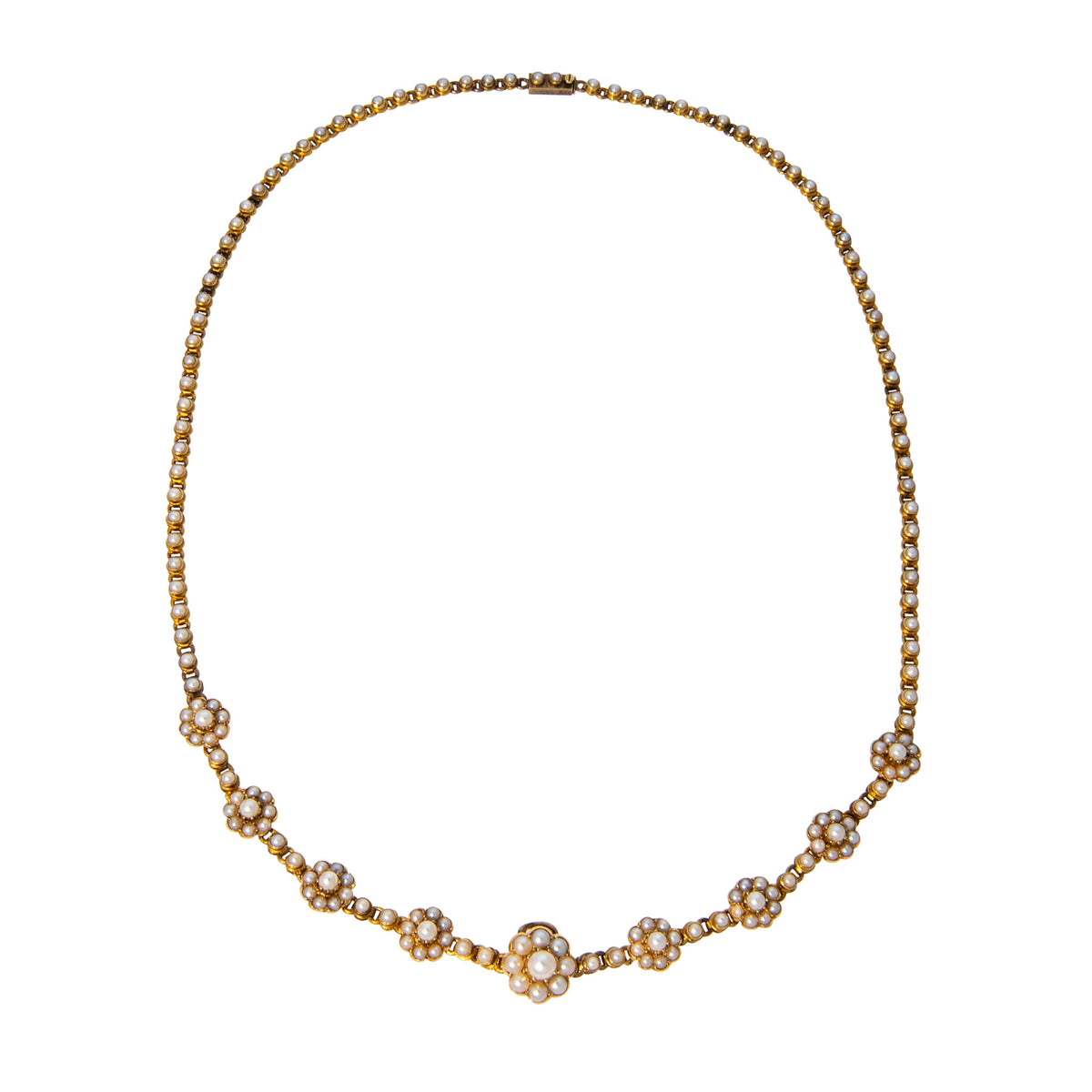 Victorian Floral Seed Pearl 15K Gold Necklace 15.75"