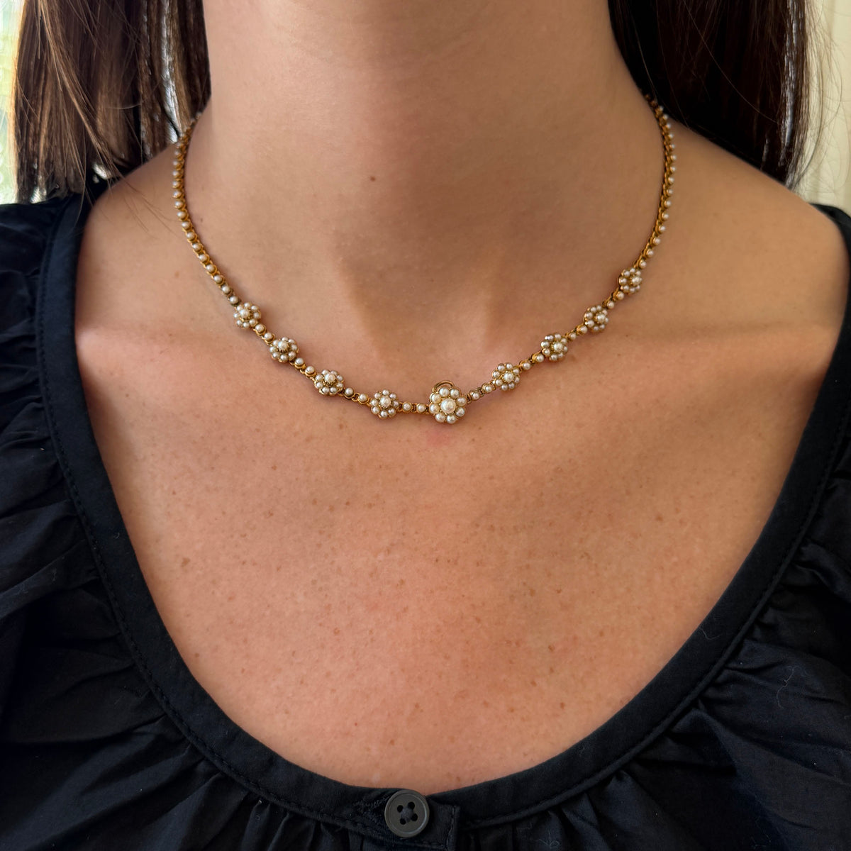 Victorian Floral Seed Pearl 15K Gold Necklace 15.75"