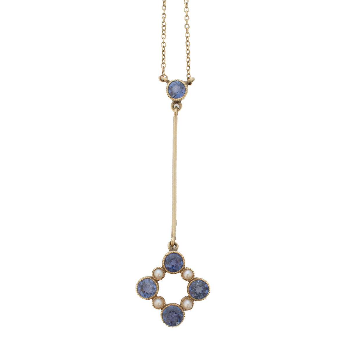 Victorian Sapphire & Seed Pearl Drop 15K Gold Necklace